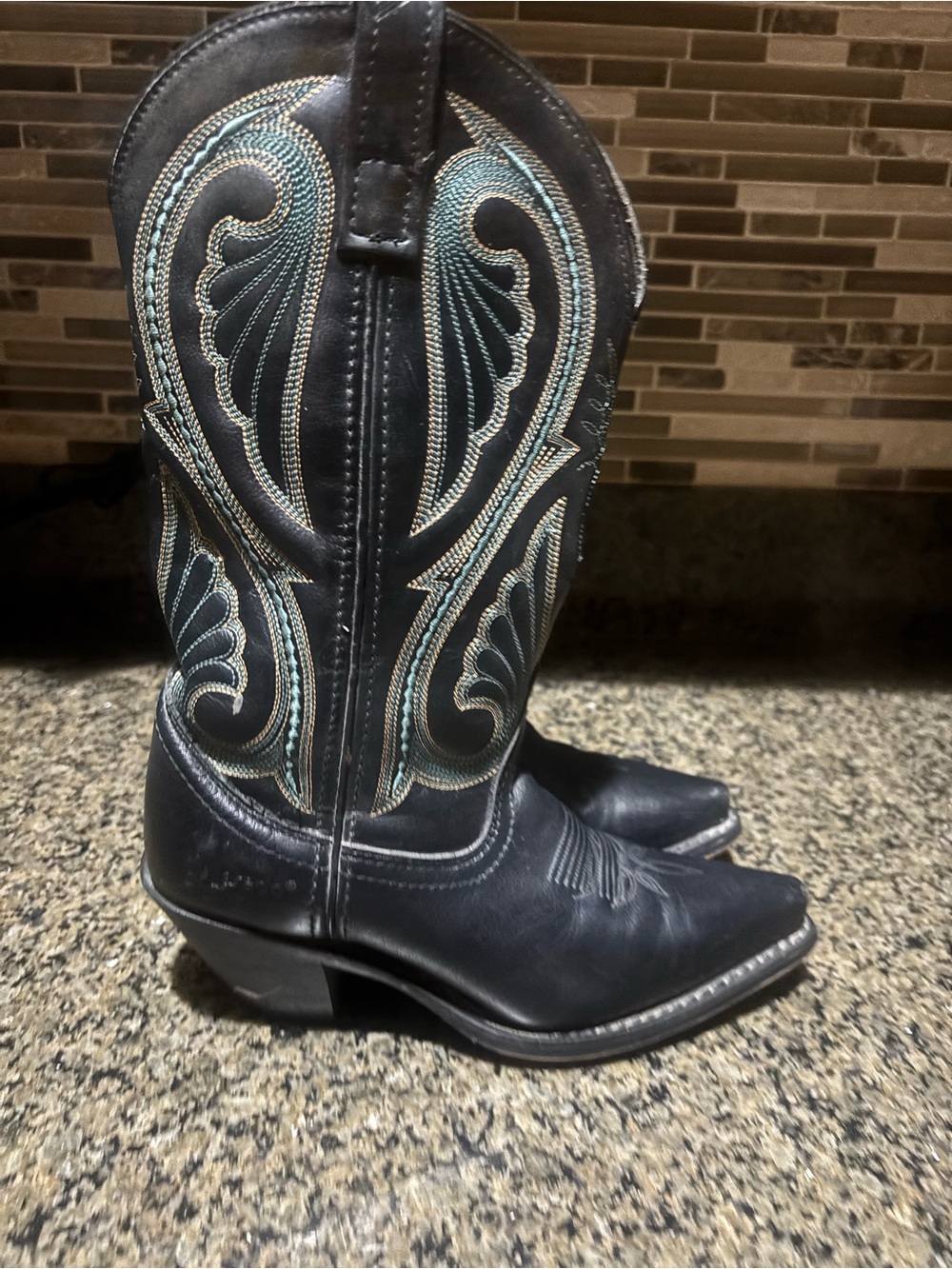 Laredo Black Western Heeled Cowboy Boots with Teal and Cream Embroidery